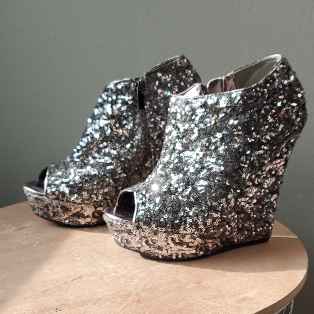 COPY - Silver Sequin Platform Wedge Booties